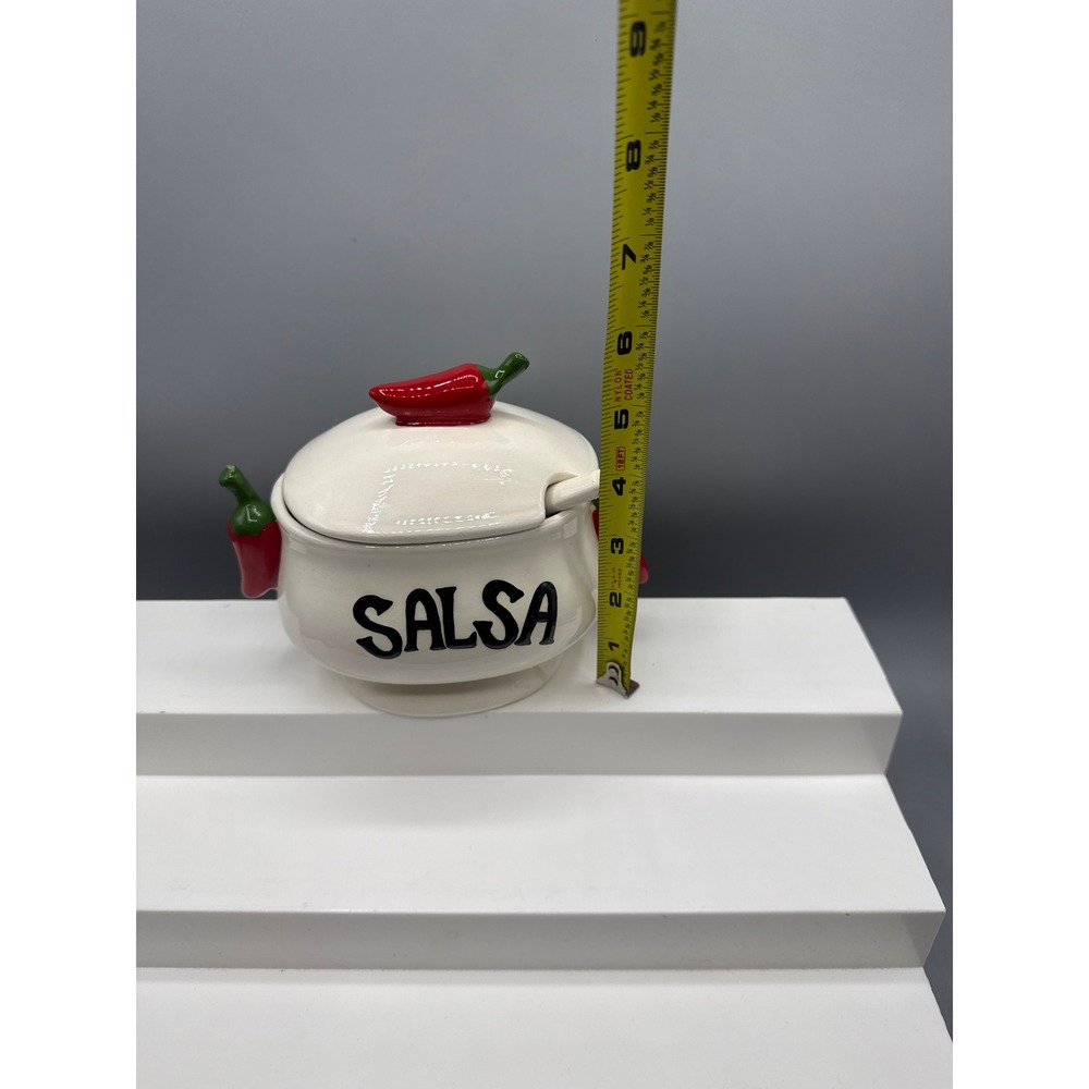 Ceramic Salsa Bowl with Lid and Spoon Red Chili Pepper Handles White Glossy - Picture 12 of 16